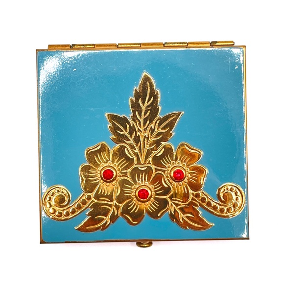 Rex Fifth Avenue Vintage Teal Enamel Gold Tone Rhinestone Compact Unused - Picture 1 of 9